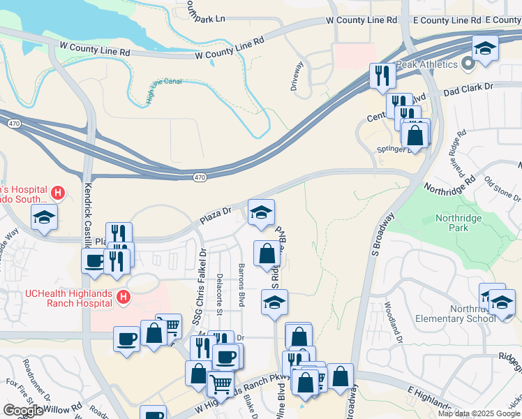 map of restaurants, bars, coffee shops, grocery stores, and more near in Highlands Ranch