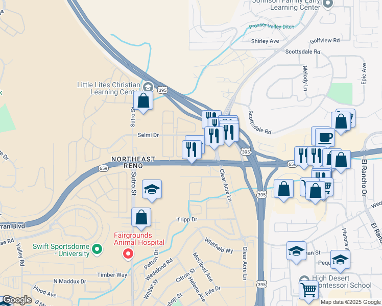 map of restaurants, bars, coffee shops, grocery stores, and more near 1205 Nevada 659 in Reno