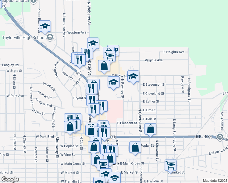 map of restaurants, bars, coffee shops, grocery stores, and more near 120 East Bidwell Street in Taylorville
