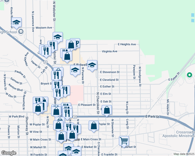 map of restaurants, bars, coffee shops, grocery stores, and more near 805 North Cherokee Street in Taylorville