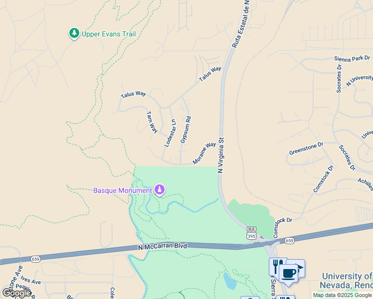 map of restaurants, bars, coffee shops, grocery stores, and more near 3302 Gypsum Road in Reno