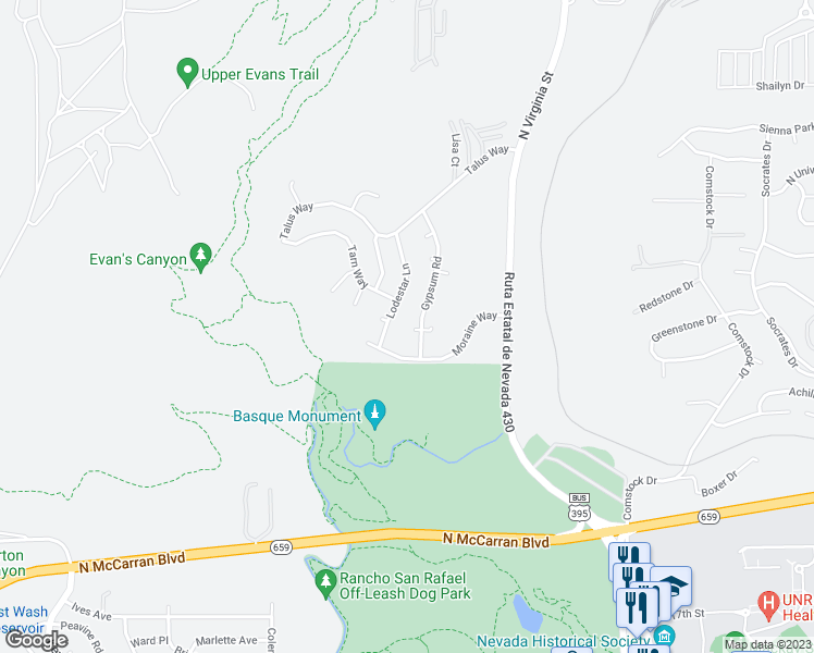 map of restaurants, bars, coffee shops, grocery stores, and more near 3285 Gypsum Road in Reno