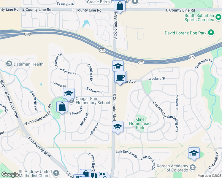 map of restaurants, bars, coffee shops, grocery stores, and more near 3849 East Mallard Street in Littleton