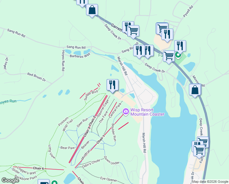 map of restaurants, bars, coffee shops, grocery stores, and more near 296 Marsh Hill Road in McHenry