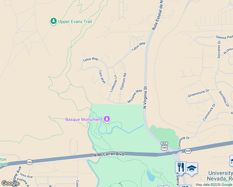 map of restaurants, bars, coffee shops, grocery stores, and more near 3243 Gypsum Road in Reno