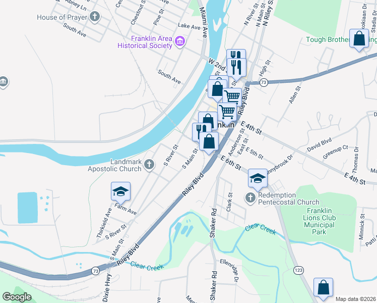 map of restaurants, bars, coffee shops, grocery stores, and more near 717 South Main Street in Franklin