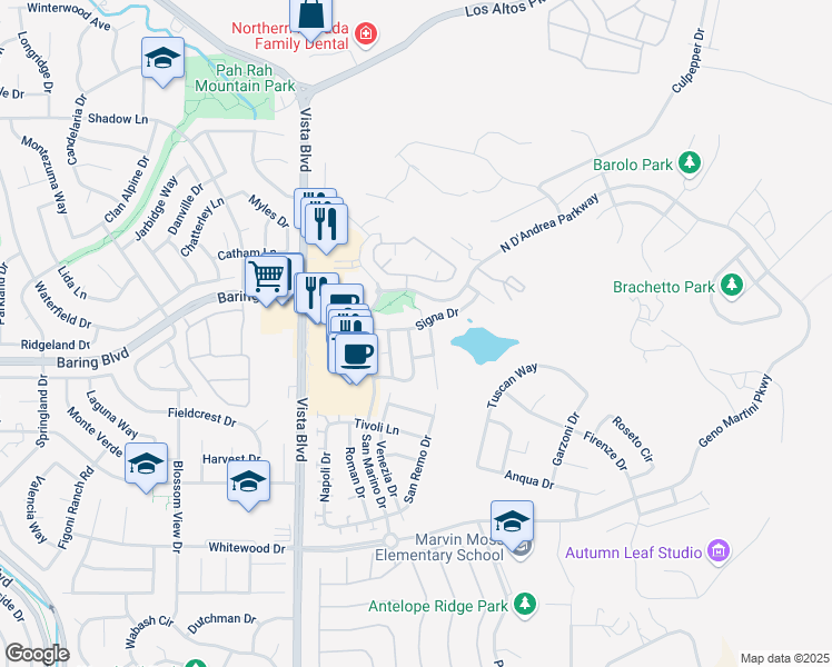 map of restaurants, bars, coffee shops, grocery stores, and more near 2805 Cintoia Drive in Sparks