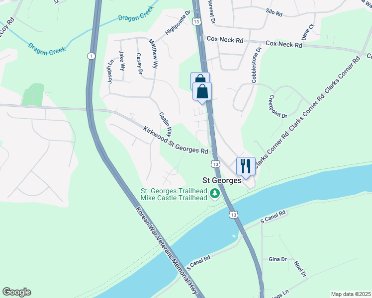 map of restaurants, bars, coffee shops, grocery stores, and more near Kirkwood Saint Georges Road in Saint Georges