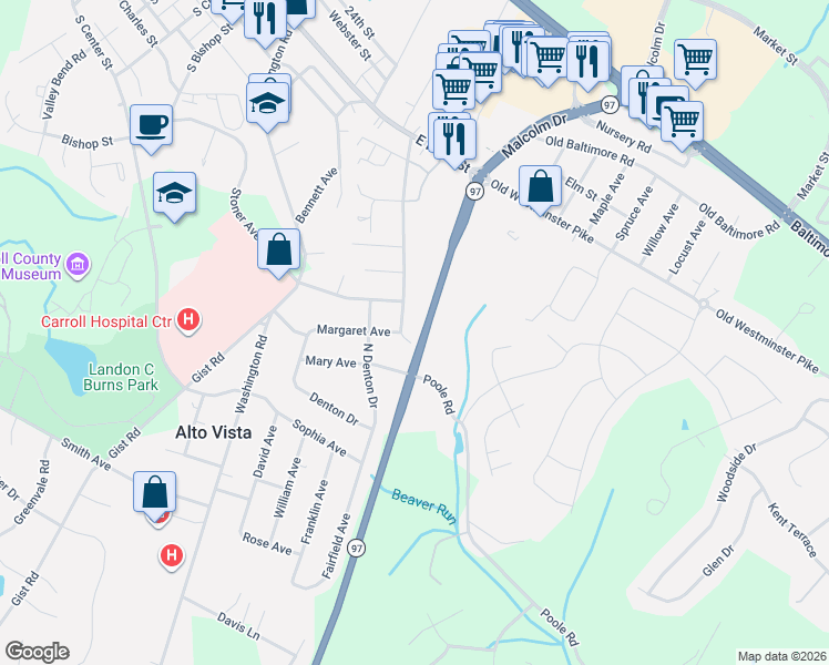 map of restaurants, bars, coffee shops, grocery stores, and more near 607 Poole Rd in Westminster