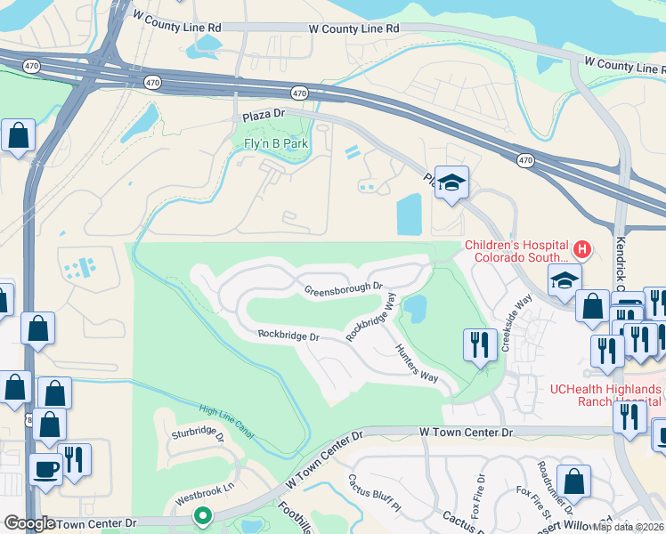 map of restaurants, bars, coffee shops, grocery stores, and more near 2819 Greensborough Drive in Littleton