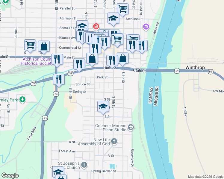 map of restaurants, bars, coffee shops, grocery stores, and more near 415 South 5th Street in Atchison