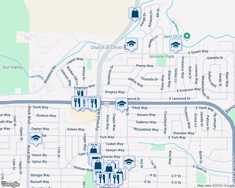 map of restaurants, bars, coffee shops, grocery stores, and more near 535 Gregory Way in Sparks