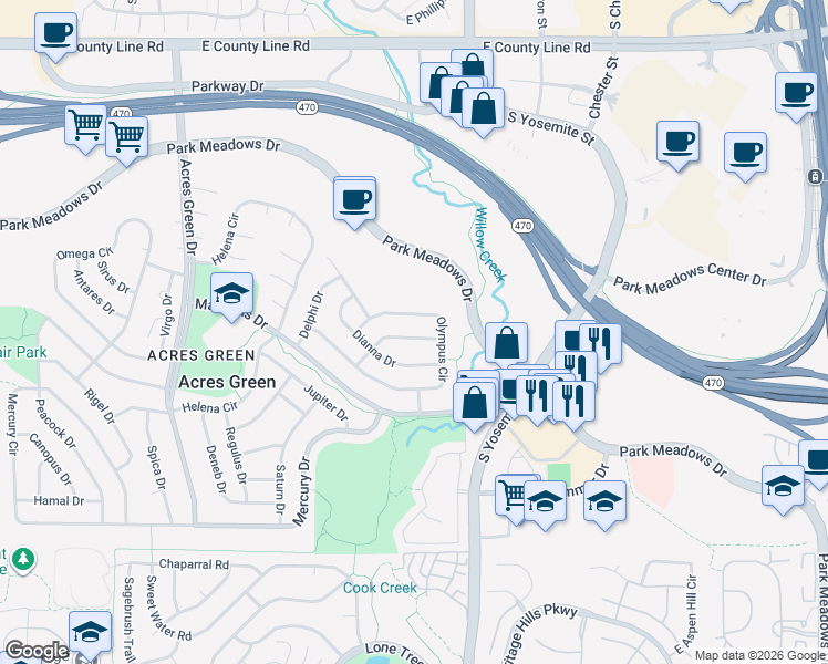 map of restaurants, bars, coffee shops, grocery stores, and more near 116 Olympus Circle in Lone Tree