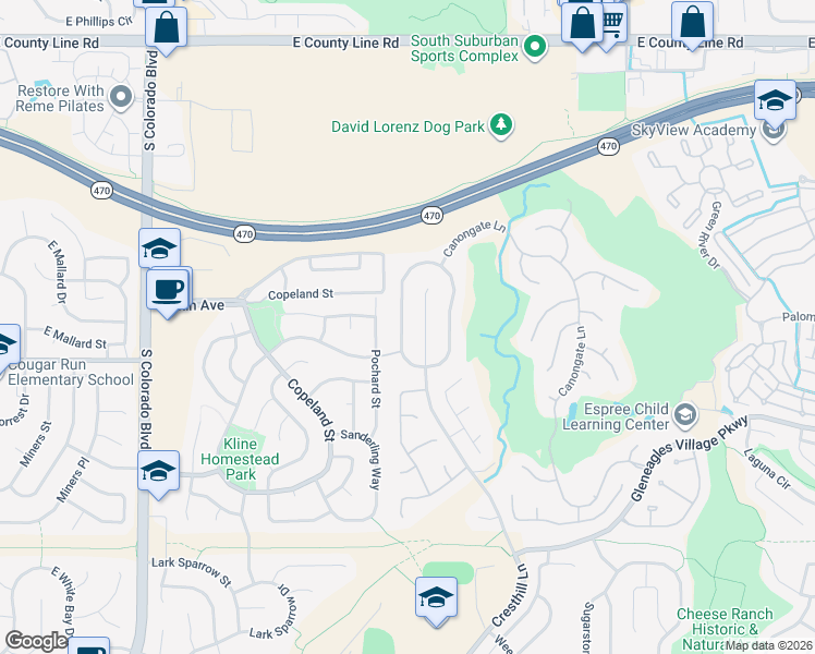 map of restaurants, bars, coffee shops, grocery stores, and more near 8695 Cresthill Lane in Littleton