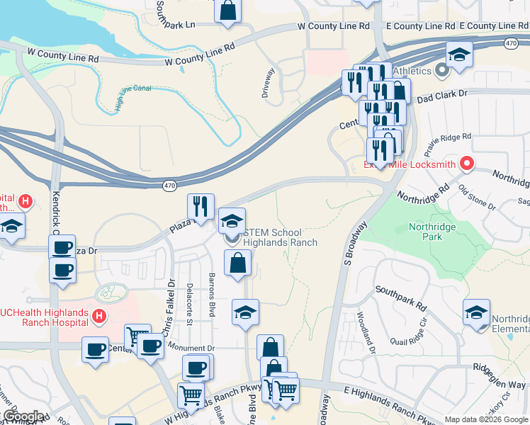 map of restaurants, bars, coffee shops, grocery stores, and more near 630 Plaza Drive in Highlands Ranch