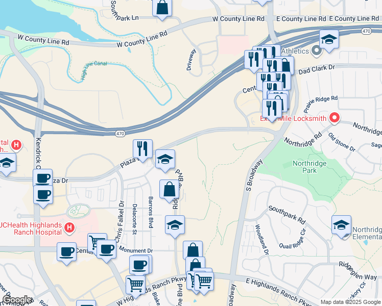 map of restaurants, bars, coffee shops, grocery stores, and more near 630 Plaza Drive in Highlands Ranch