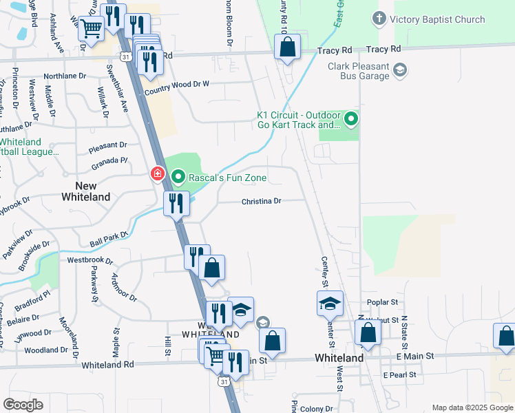 map of restaurants, bars, coffee shops, grocery stores, and more near 249 Lori Ann Drive in Whiteland