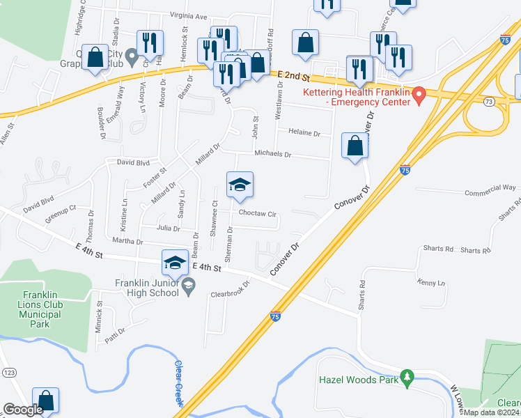 map of restaurants, bars, coffee shops, grocery stores, and more near 252 Choctaw Circle in Franklin