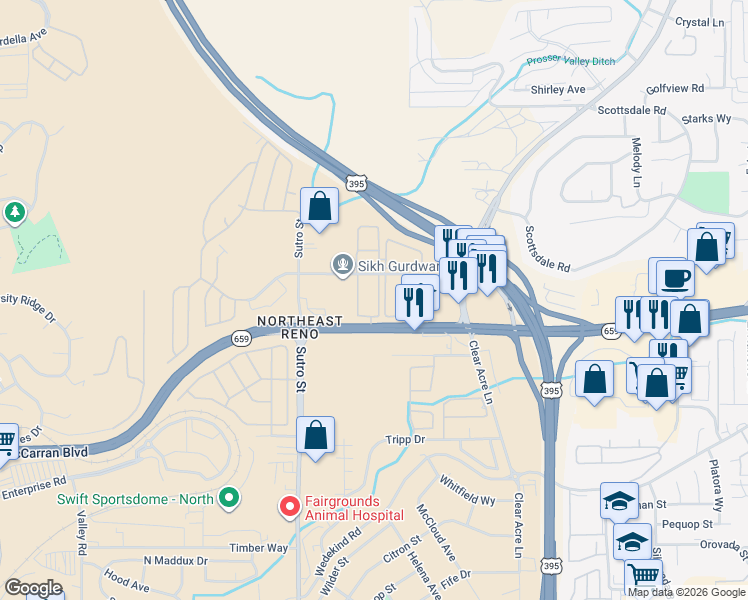 map of restaurants, bars, coffee shops, grocery stores, and more near 1401 Selmi Drive in Reno