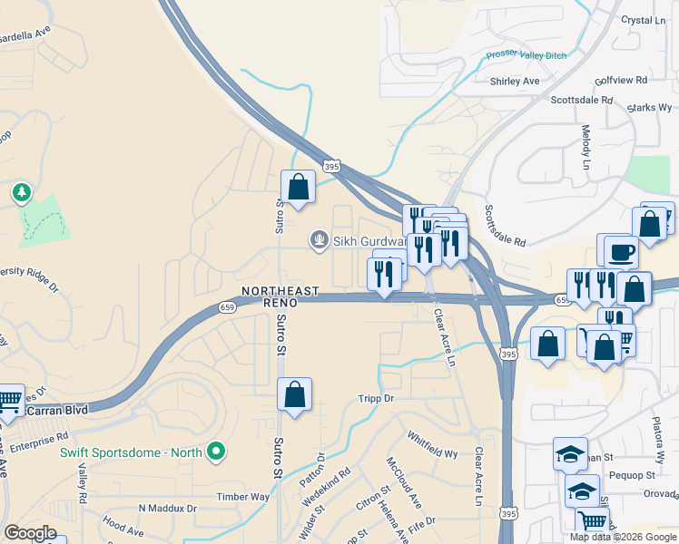 map of restaurants, bars, coffee shops, grocery stores, and more near 1401 Selmi Drive in Reno