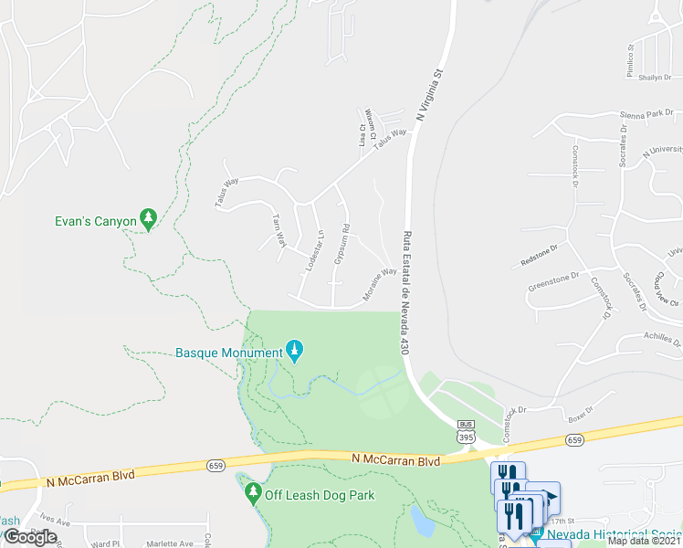 map of restaurants, bars, coffee shops, grocery stores, and more near 3430 Gypsum Road in Reno