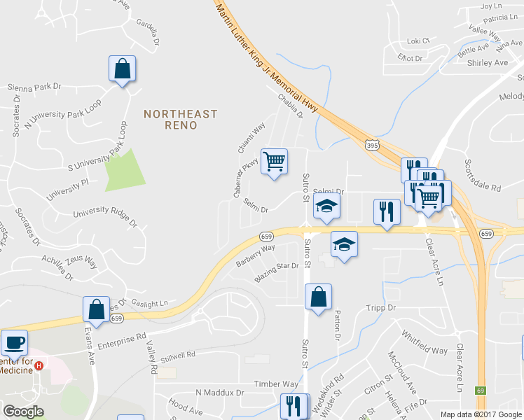 map of restaurants, bars, coffee shops, grocery stores, and more near 25 Selmi Drive in Reno
