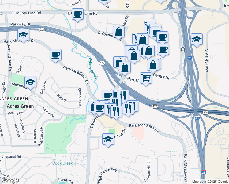 map of restaurants, bars, coffee shops, grocery stores, and more near 8653-8663 South Yosemite Street in Lone Tree
