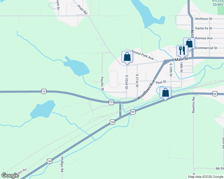 map of restaurants, bars, coffee shops, grocery stores, and more near 2202 Millwood Drive in Atchison