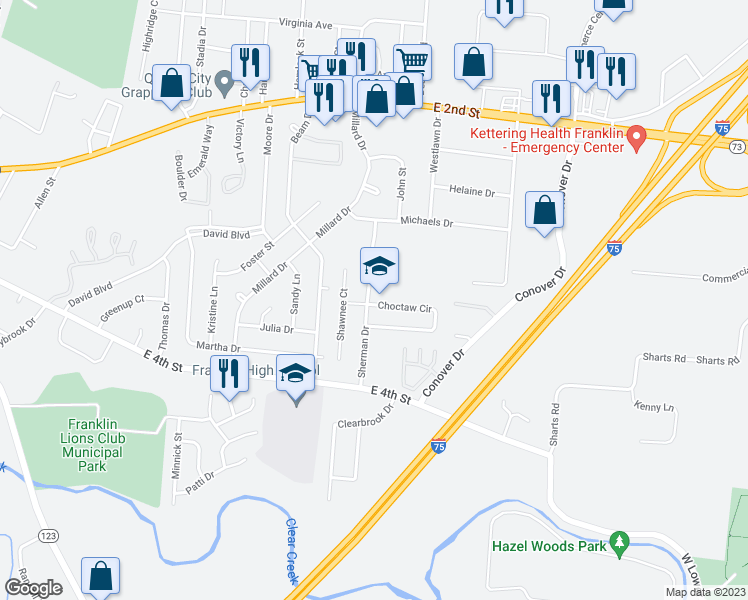 map of restaurants, bars, coffee shops, grocery stores, and more near 322 Choctaw Circle in Franklin