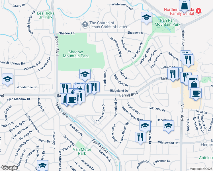 map of restaurants, bars, coffee shops, grocery stores, and more near 2983 Springland Drive in Sparks