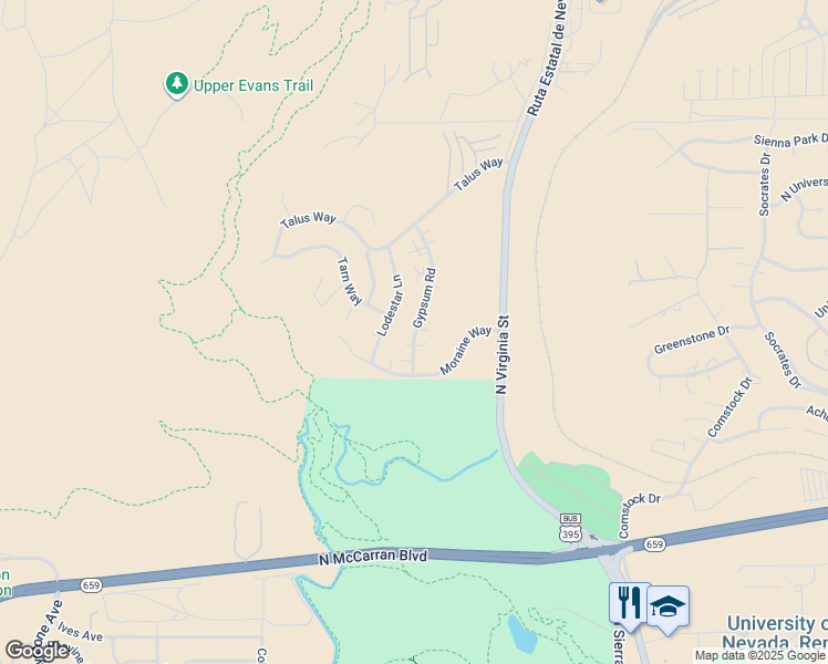 map of restaurants, bars, coffee shops, grocery stores, and more near 3295 Gypsum Road in Reno
