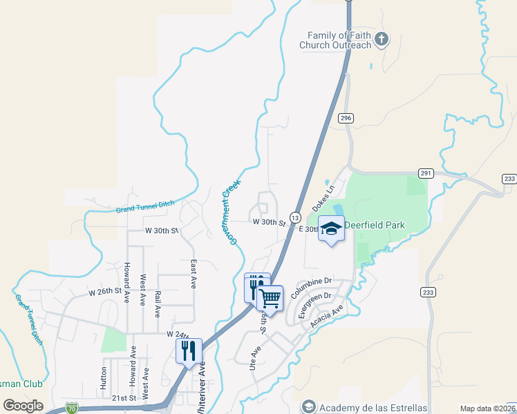 map of restaurants, bars, coffee shops, grocery stores, and more near Clubhouse Court in Rifle