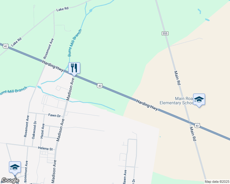 map of restaurants, bars, coffee shops, grocery stores, and more near 1770 Harding Highway in Newfield