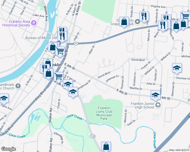 map of restaurants, bars, coffee shops, grocery stores, and more near 327 East 4th Street in Franklin