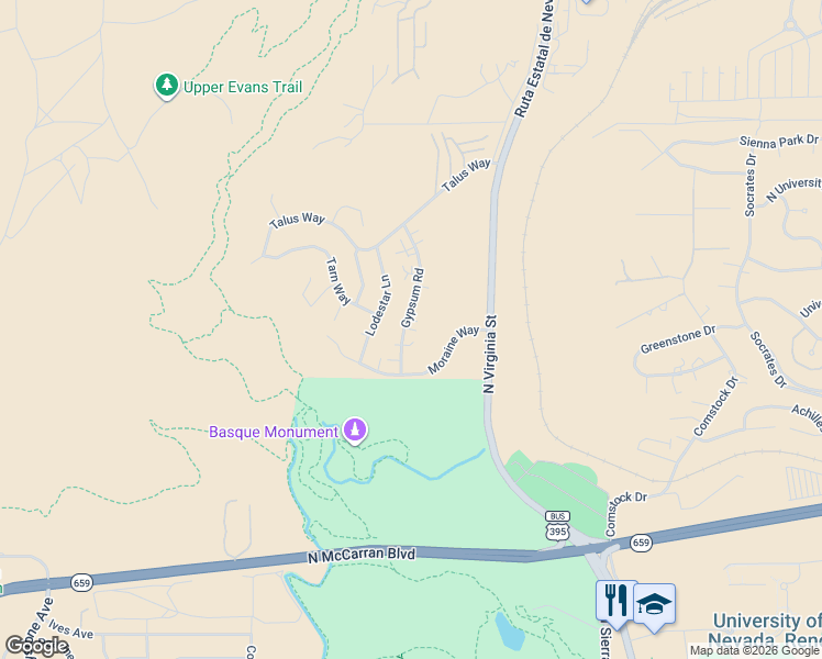 map of restaurants, bars, coffee shops, grocery stores, and more near 3338 Gypsum Road in Reno