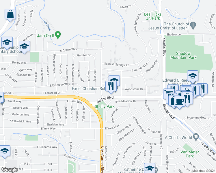 map of restaurants, bars, coffee shops, grocery stores, and more near 3123 Bristle Branch Drive in Sparks