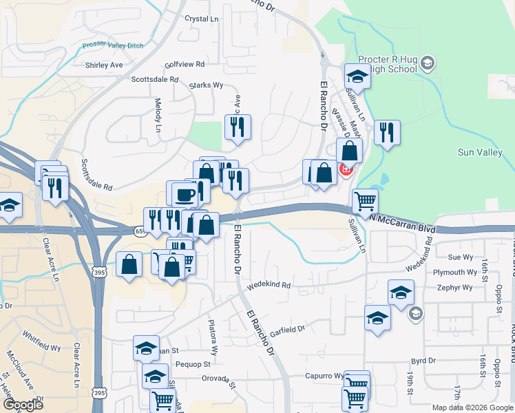 map of restaurants, bars, coffee shops, grocery stores, and more near 3014 Sterling Ridge Circle in Sparks