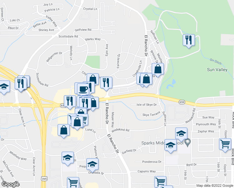 map of restaurants, bars, coffee shops, grocery stores, and more near 3199 Sterling Ridge Circle in Sparks
