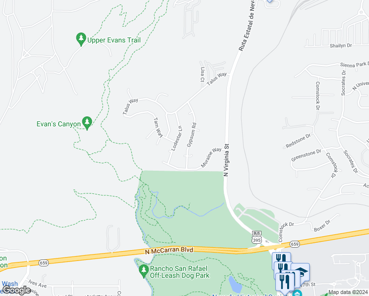 map of restaurants, bars, coffee shops, grocery stores, and more near 3339 Gypsum Road in Reno