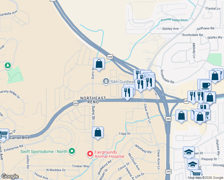 map of restaurants, bars, coffee shops, grocery stores, and more near 1401 Selmi Drive in Reno
