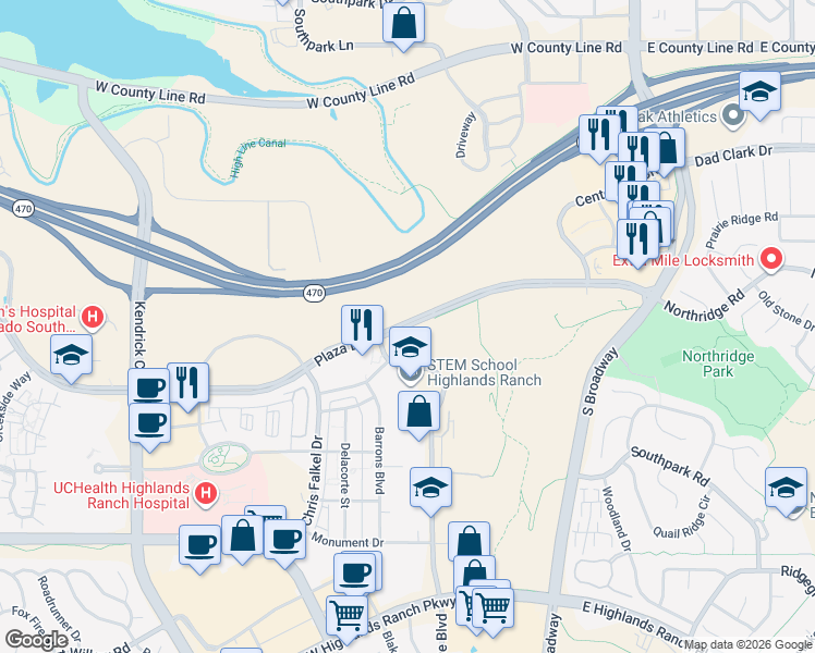 map of restaurants, bars, coffee shops, grocery stores, and more near 630 Plaza Drive in Highlands Ranch