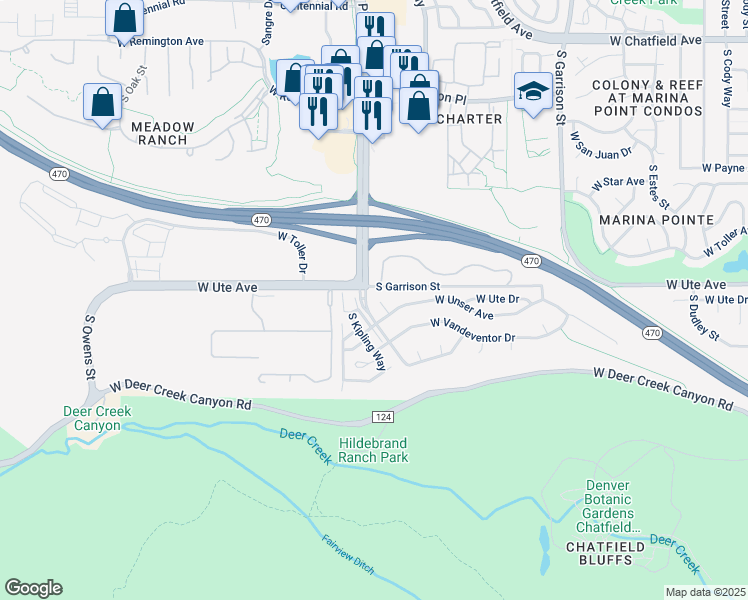 map of restaurants, bars, coffee shops, grocery stores, and more near 8710 South Jellison Court in Littleton