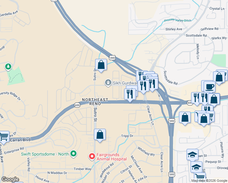 map of restaurants, bars, coffee shops, grocery stores, and more near 1401 Selmi Drive in Reno