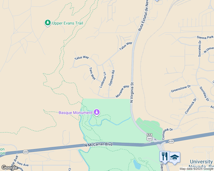 map of restaurants, bars, coffee shops, grocery stores, and more near 3400 Lodestar Lane in Reno