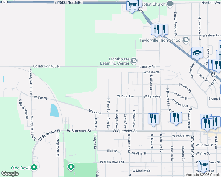 map of restaurants, bars, coffee shops, grocery stores, and more near 825 North Pine Street in Taylorville