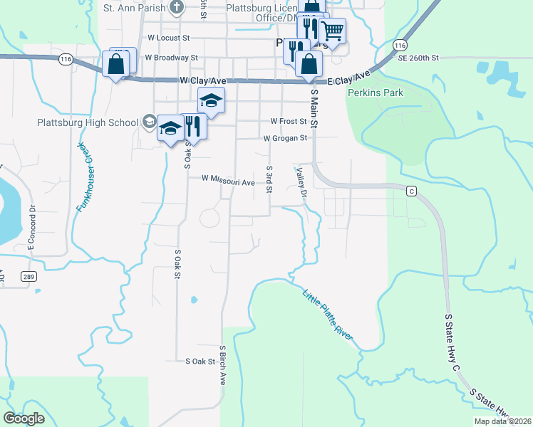 map of restaurants, bars, coffee shops, grocery stores, and more near 609 South Faith Street in Plattsburg