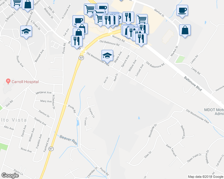 map of restaurants, bars, coffee shops, grocery stores, and more near 533 Mark Drive in Westminster