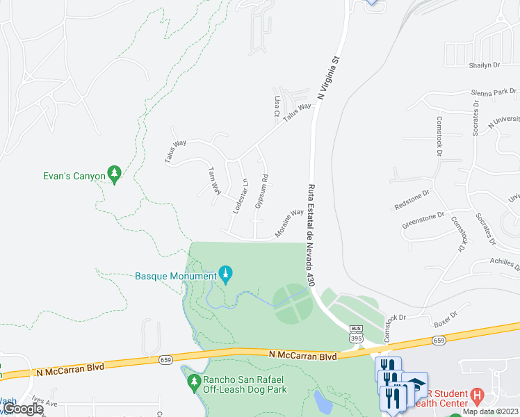 map of restaurants, bars, coffee shops, grocery stores, and more near 3350 Gypsum Road in Reno