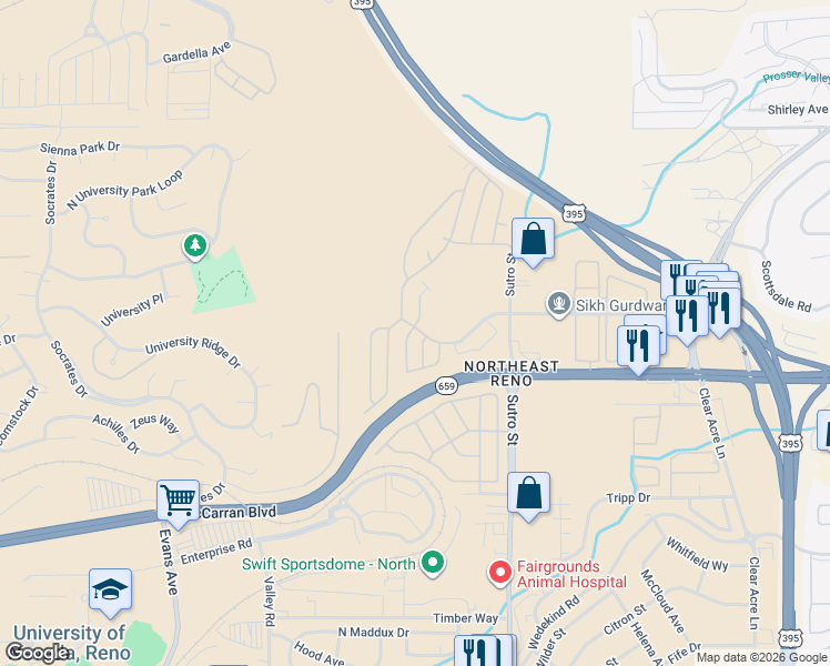 map of restaurants, bars, coffee shops, grocery stores, and more near 25 Selmi Drive in Reno