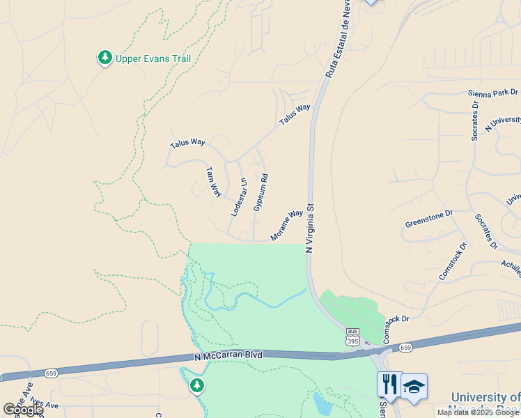 map of restaurants, bars, coffee shops, grocery stores, and more near 3430 Gypsum Road in Reno